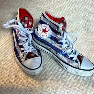 Size 7.5W Sequins Red, Blue & Silver Striped Converse Hightop Sneakers